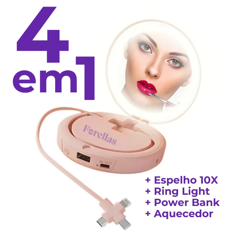 Mini Espelho 4 em 1 - Luz, Power Bank e Mãos Quentes!