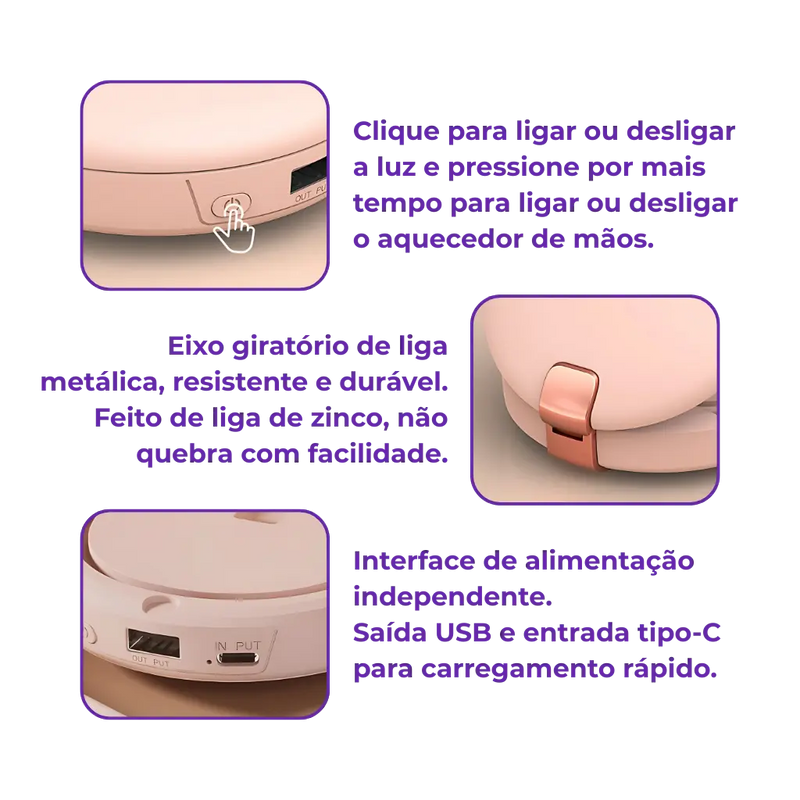 Mini Espelho 4 em 1 - Luz, Power Bank e Mãos Quentes!