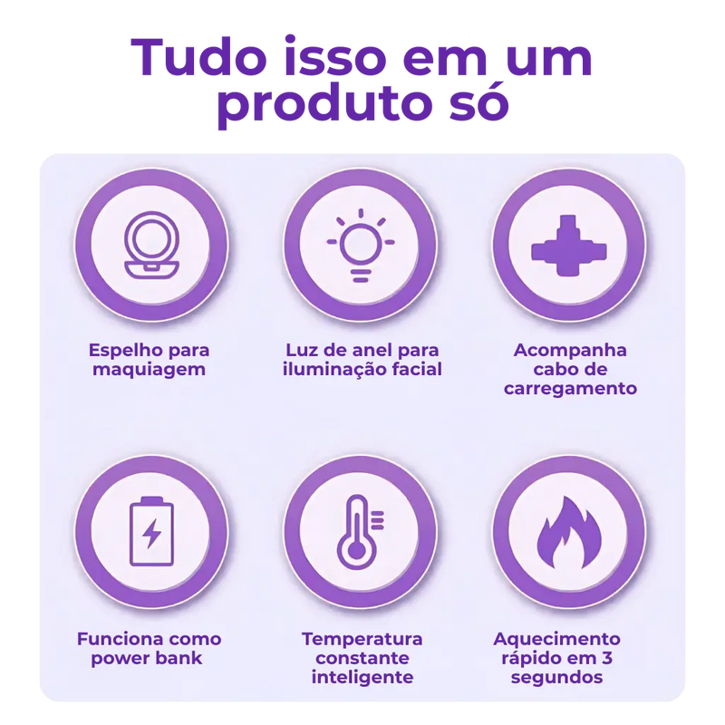 Mini Espelho 4 em 1 - Luz, Power Bank e Mãos Quentes!