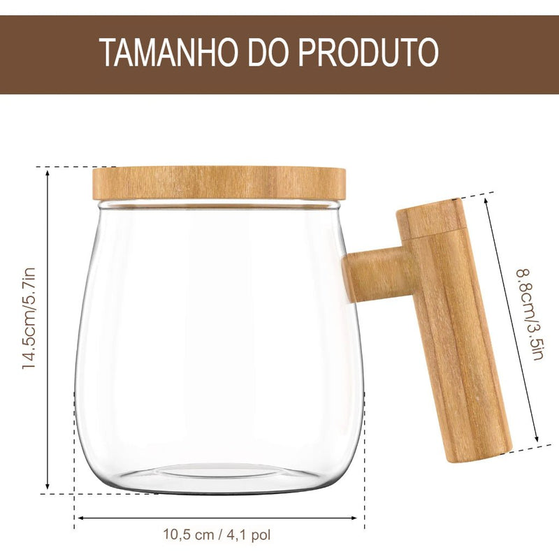 Caneca com Misturador Elétrico Automático para bebidas com tampa de bamboo
