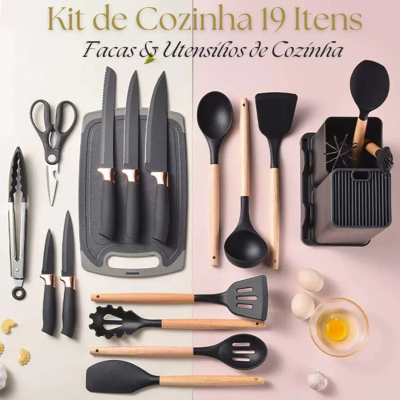 Kitchen Set Lux - Conjunto de Utensílios de Cozinha 19 Peças - Antiaderente com Cabos de Madeira